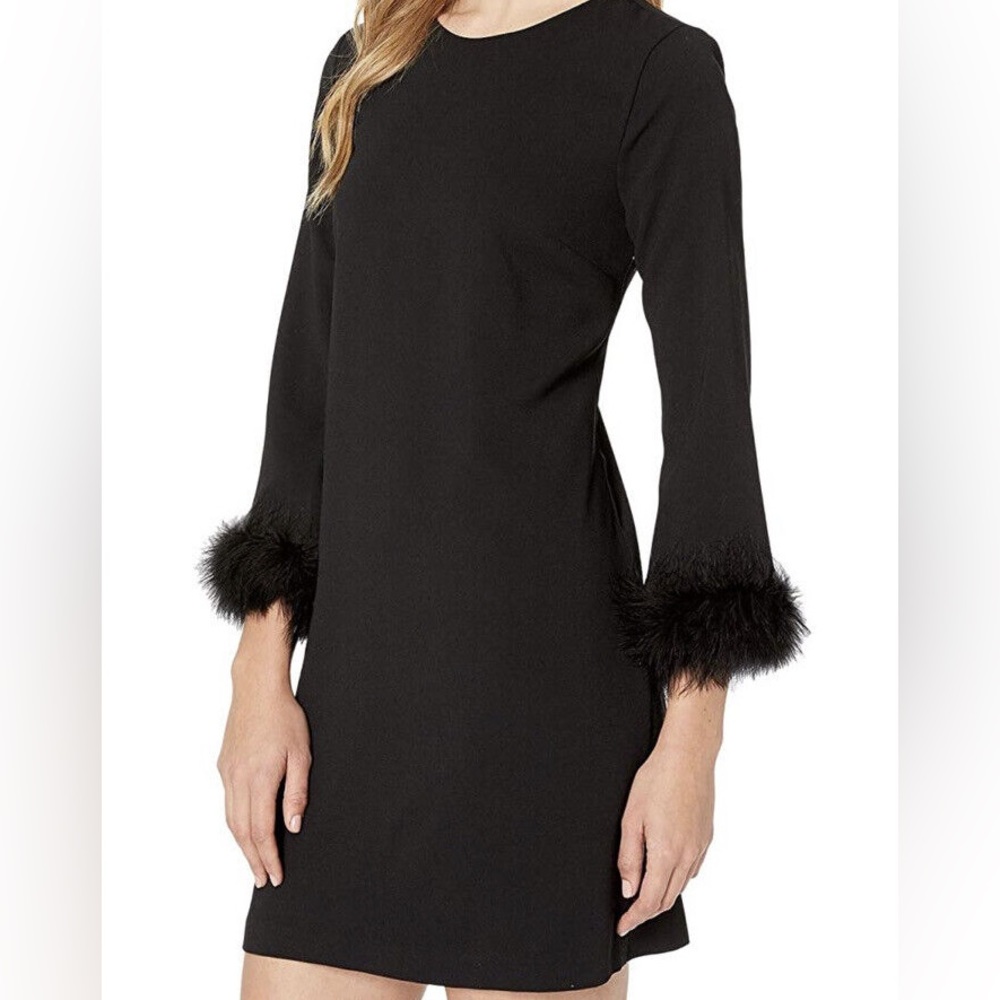 CALVIN KLEIN Black Dress Ponte Knit Stretch Feather Cuff BLACK Dress Size 8